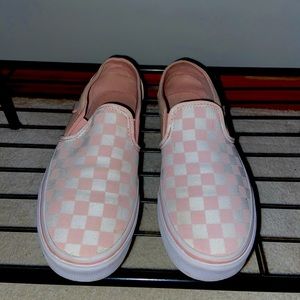 Pink and white checkered slip on vans